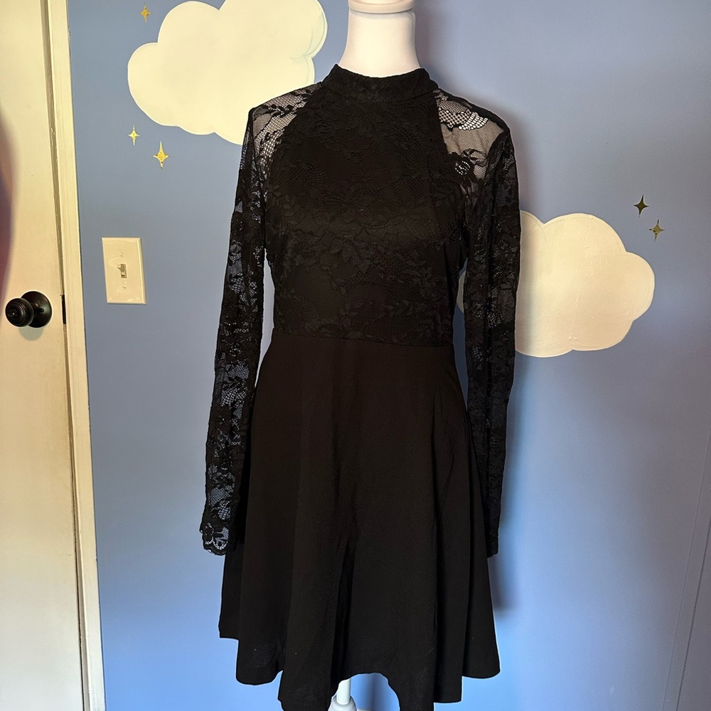 Lulu's Black Fit and Flare Bishop Sleeve Dress